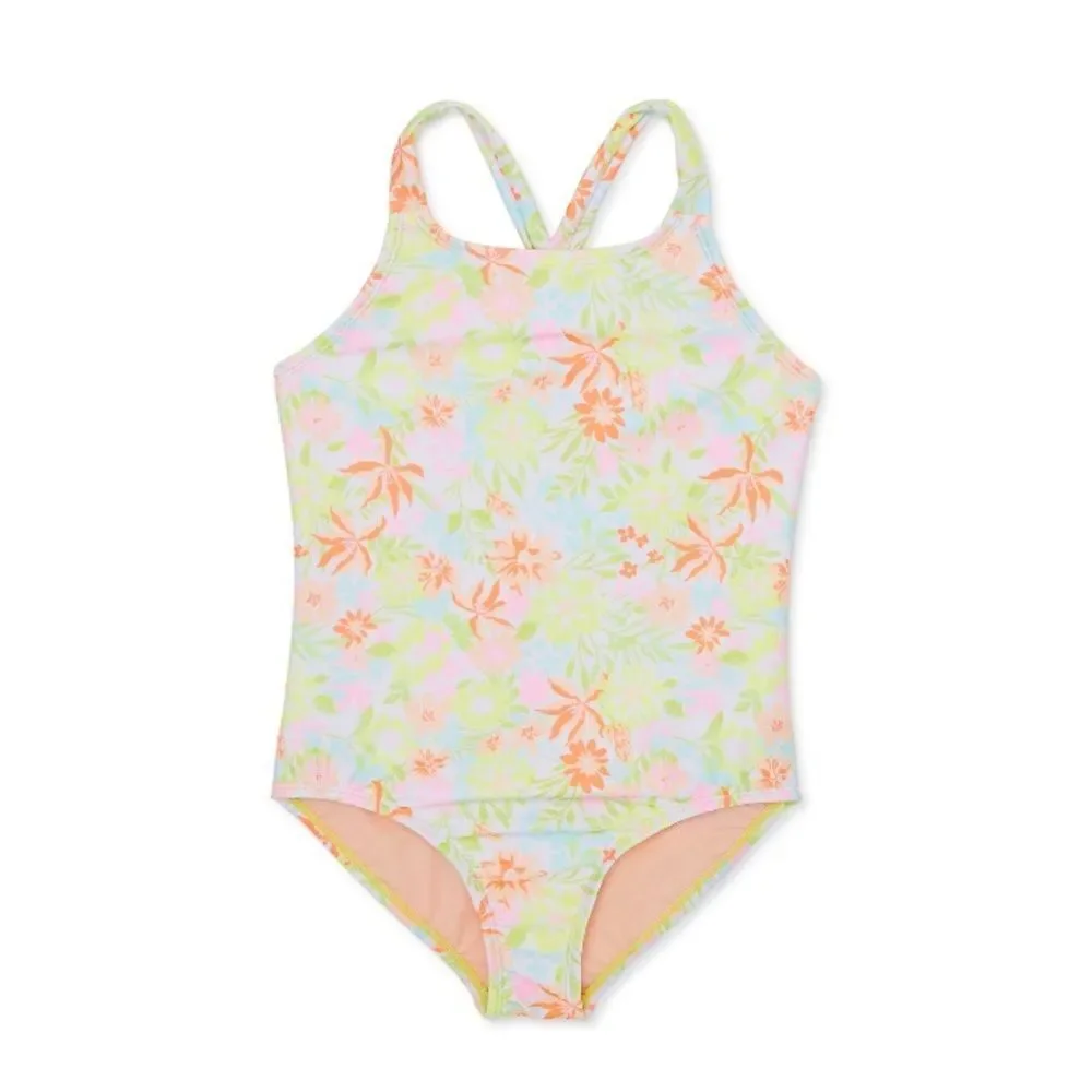 Girls Yellow Floral & Hibiscus Bathing Suit Swimsuit 1-Piece 2-Pack Size XS 4/5